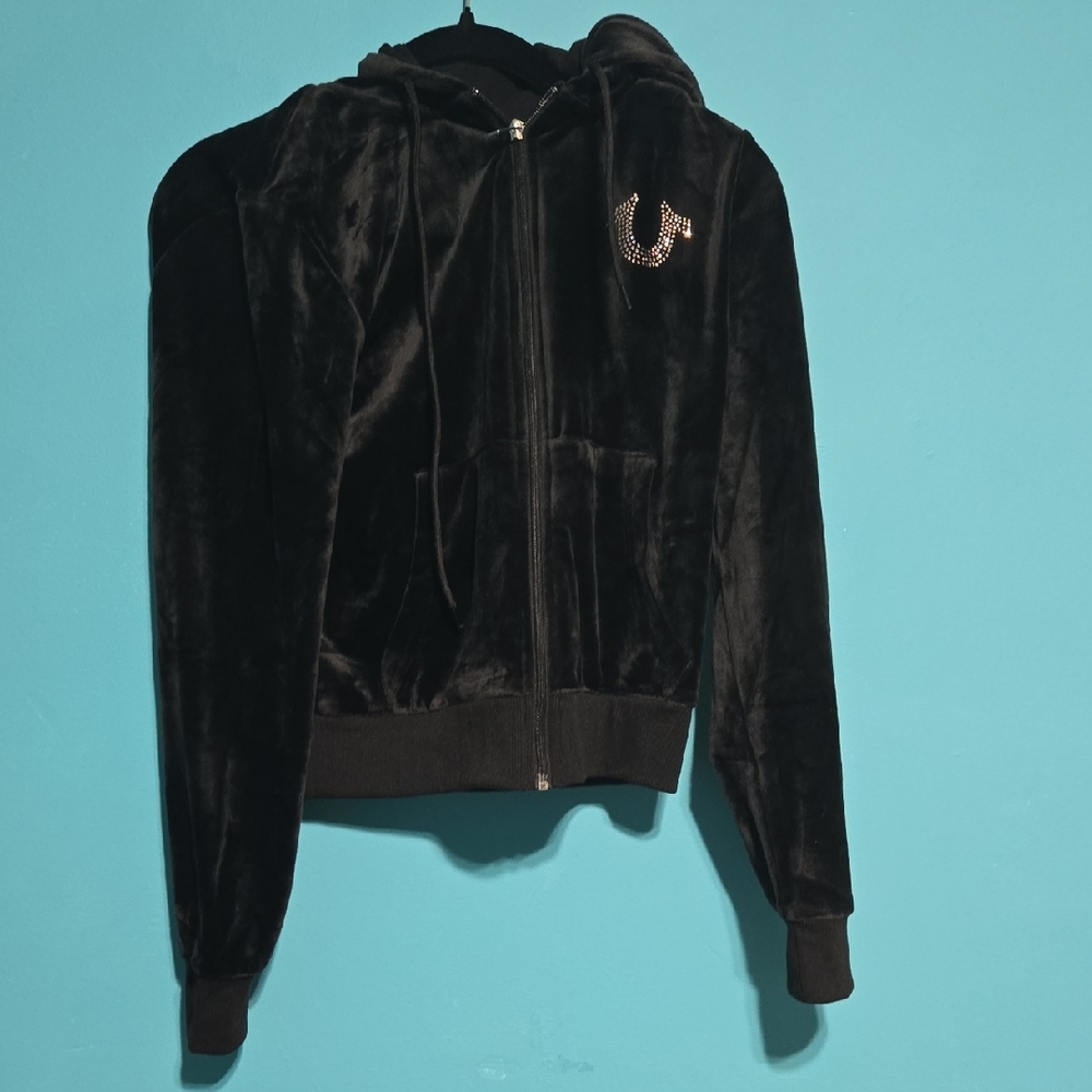 NWT True Religion Black Velvet Zip Front Hoodie with Rhinestone Logo